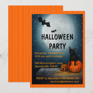 Full Moon, Katt och Pumpkin Halloween Inbjudningar