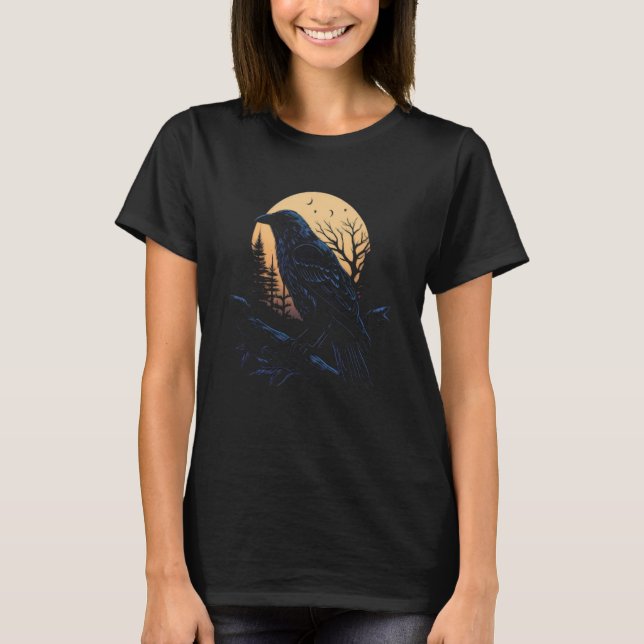 Full Moon Kråka Raven Flies Bird Halloween 3 T Shirt (Framsida)