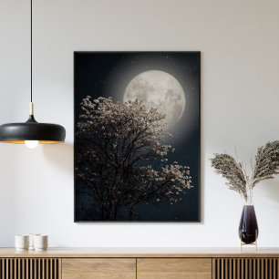 Full Moon med Blossoming Träd Poster
