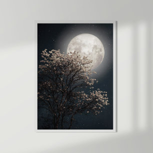 Full Moon med Blossoming Träd Poster