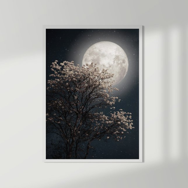 Full Moon med Blossoming Träd Poster (Blooming tree and shining full Moon)