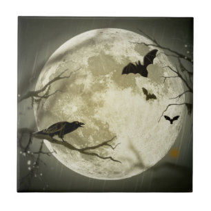 Full Moon med fladdermöss och Raven Kakelplatta