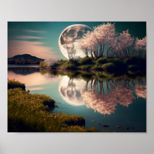 Full Moon med Rosa Blommigt Träd Poster