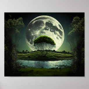 Full Moon med Träd och floden Poster