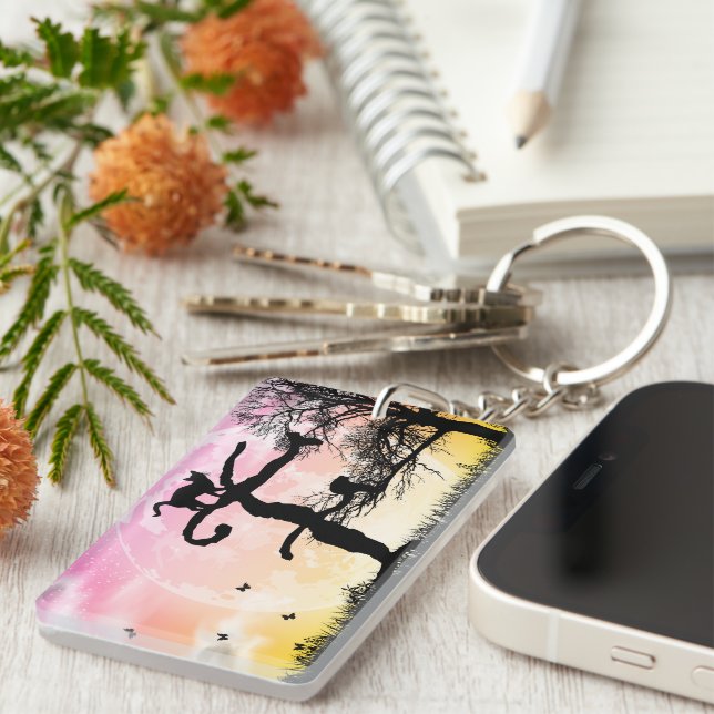 Full Moon och Cat F Initial Monogram Keychain (Högra Framsidan)