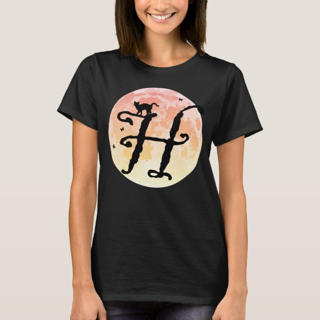 Full Moon och Cat H Initial Monogram T-Shirt (Framsida)