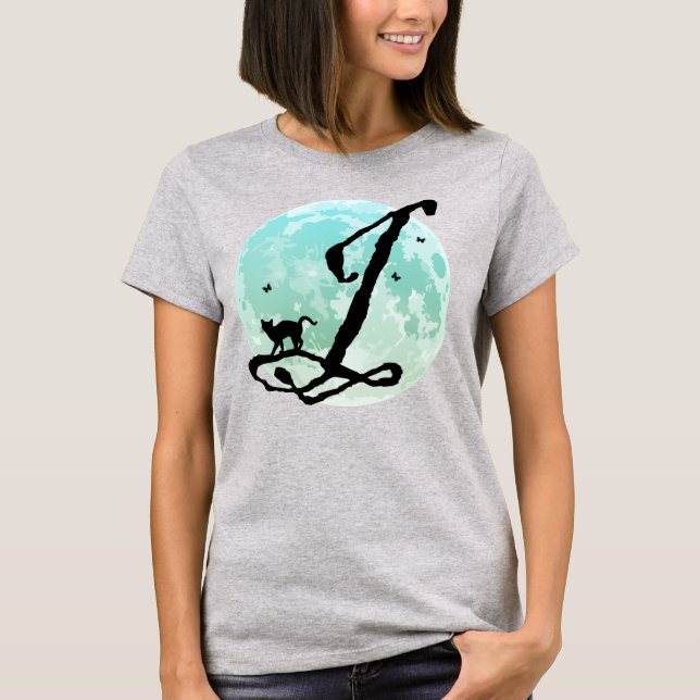 Full Moon och Cat J Initial Monogram T- Shirt T (Framsida)