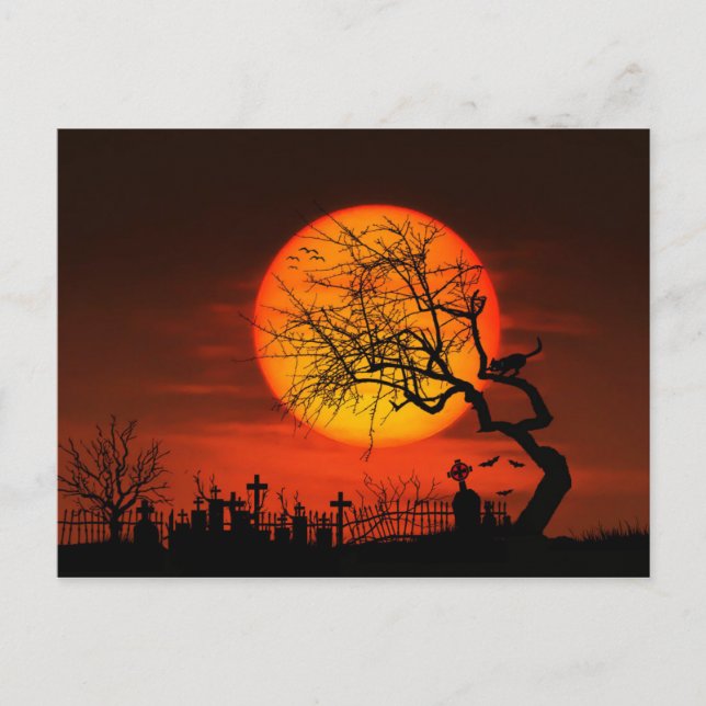 Full Moon och Cat Over Graveyard Vykort (Framsida)