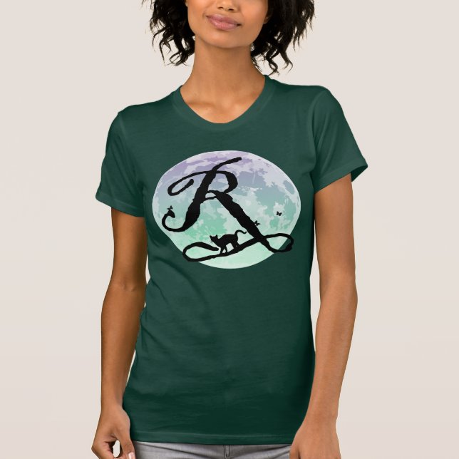 Full Moon och Cat R Initial Monogram T-Shirt (Framsida)