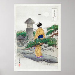 Full Moon och Gräs Träd av Ogata Gekko (1896) Poster