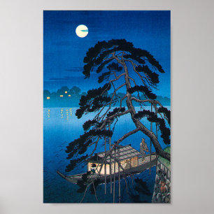 Full Moon och Gräs Träd, Koho Shoda, Woodcut Poster
