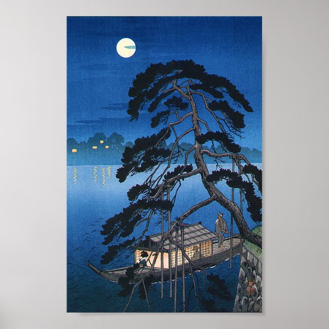 Full Moon och Gräs Träd, Koho Shoda, Woodcut Poster (Framsidan)