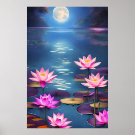 Full Moon och vacker Rosa Lotus Flowers Poster