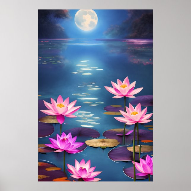 Full Moon och vacker Rosa Lotus Flowers Poster (Framsidan)