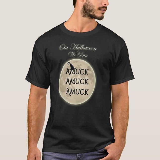 Full Moon och Witch Hat på Halloween Vi Springa Am T Shirt (Framsida)