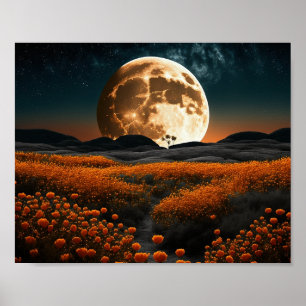 Full Moon Orange Fält i Flowers Poster