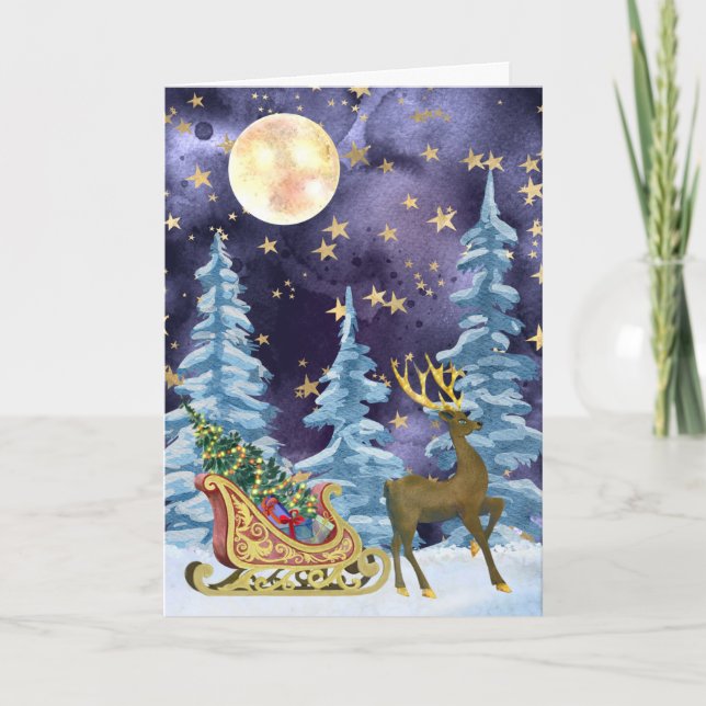 Full Moon Over Reindeer With Sleigh Kort (Framsida)