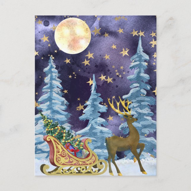 Full Moon Over Reindeer With Sleigh Vykort (Framsida)