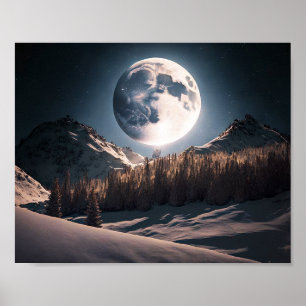 Full Moon över Snö-berget i Träd Poster