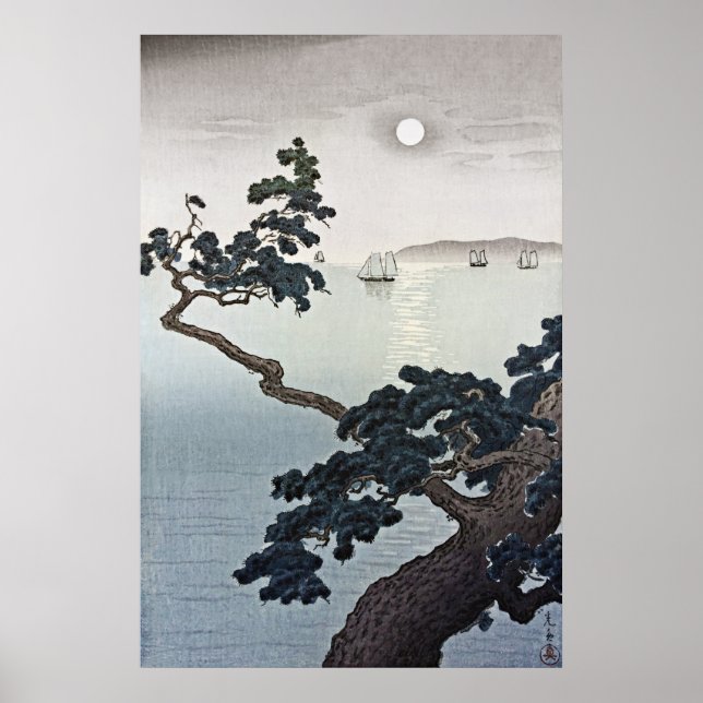Full Moon på Akashi Beach av Tsuchiya Koitsu Poster (Framsidan)