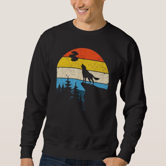 Full Moon Predator Animal Retro Forest Howling Wol Lång Ärmad Tröja (Framsida)