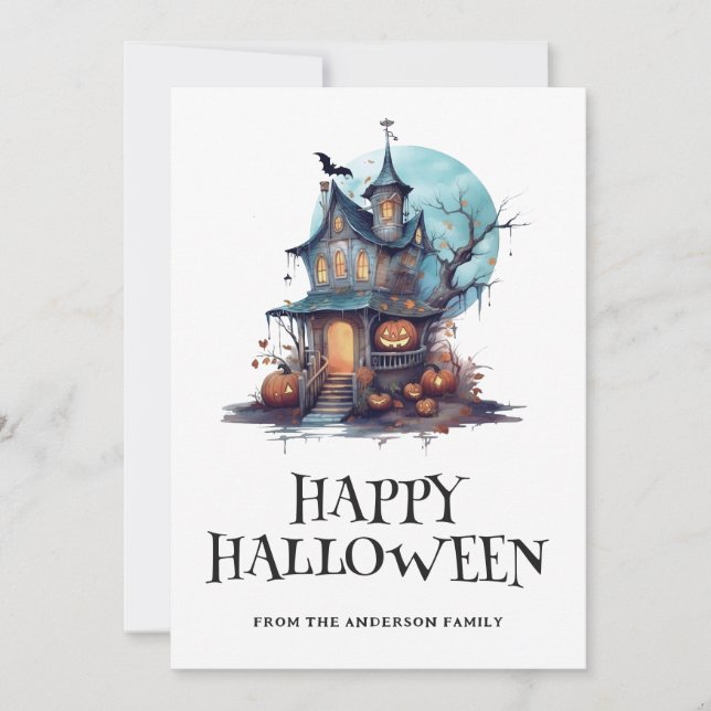 Full Moon Pumpkins Haunged House Halloween Card Julkort (Framsida)