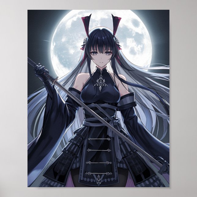 Full Moon Samurai — Elegant Dark Anime Warrior Gir Poster (Framsidan)