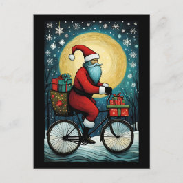 Full Moon Santa Bicycle Presenter jul Vykort