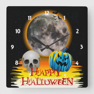 Full Moon, Skull och Blue Pumpkin på Natten. Fyrkantig Klocka