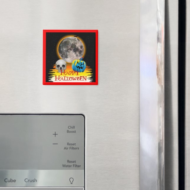 Full Moon, Skull och Blue Pumpkin på Natten. Magnet (In Situ (Fridge))