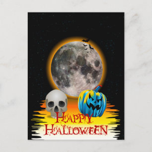 Full Moon, Skull och Blue Pumpkin på Natten. Vykort