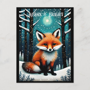 Full Moon Snowy Night Forest Cute Fox jul Vykort