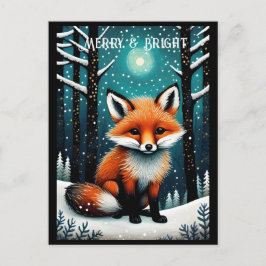 Full Moon Snowy Night Forest Cute Fox jul Vykort