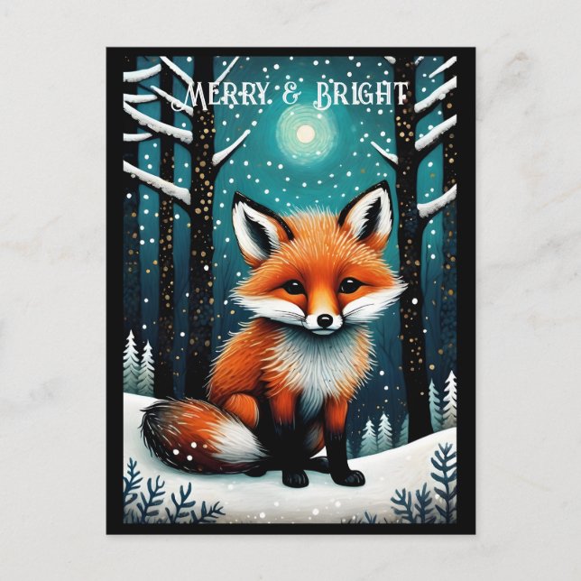 Full Moon Snowy Night Forest Cute Fox jul Vykort (Framsida)