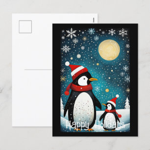 Full Moon Snowy Winter Santa Penguin jul Helg Vykort