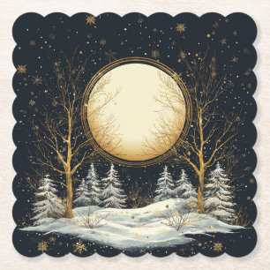 Full Moon Winter Gräs Träd Forest Snöflingor Underlägg Papper