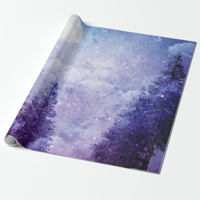 Full Moon Winter Lila Forest Presentpapper (Utrullad)