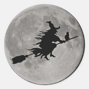 FULL MOON WITCH PÅ BROOM Halloween Witch-KNAPPEN Runt Klistermärke