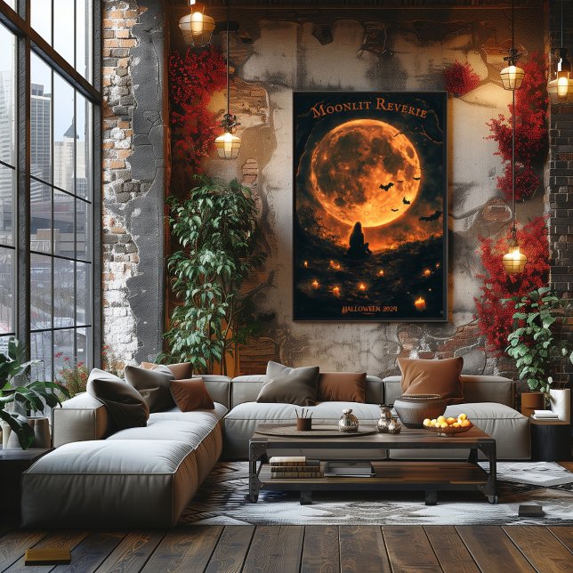 Fullmåne Halloween med fladdermöss, ljus och natt. Poster (Skapare uppladdad)