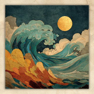 Fullmåne Havsvågor – Abstrakt kuststrand Poster