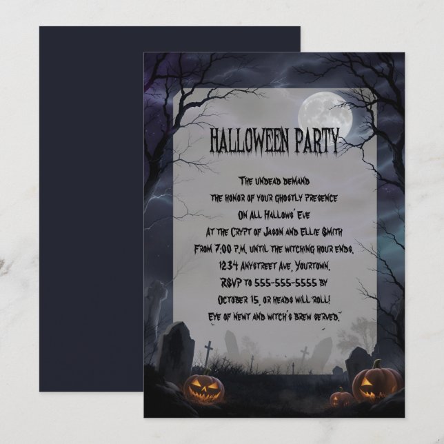 Fullmåne i en kyrkogård Halloween-fest Inbjudningar (Fram/baksida)