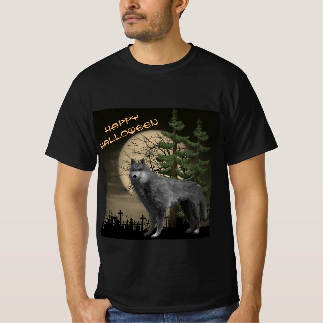 Fullmåne med grå varg God Halloween  T Shirt (Framsida)