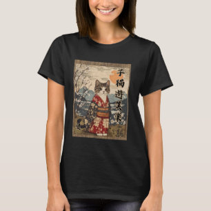 Fullmåne Natt Katt Söt Kimono Blommor Kanji Zen T Shirt