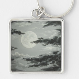 Fullmåne och molnig natthimmel Keychain Fyrkantig Silverfärgad Nyckelring