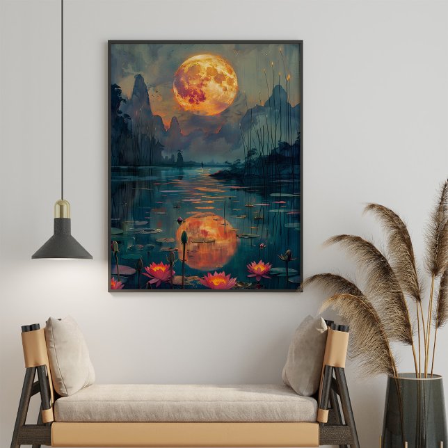 Fullmåne och sjö med lotusblommor målning poster (Full Moom and Lake with Lotus Flowers Painting Poster in a boho living room.)