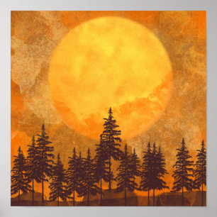 Fullmåne Skog Vattenfärg Poster