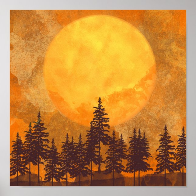 Fullmåne Skog Vattenfärg Poster (Framsidan)