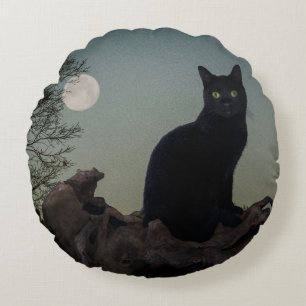 Fullmåne svart katt på ett träd rund kudde