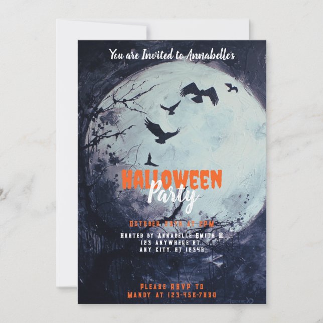 Fullmåne Svarta Fåglar Halloweenfest Inbjudningar (Framsida)