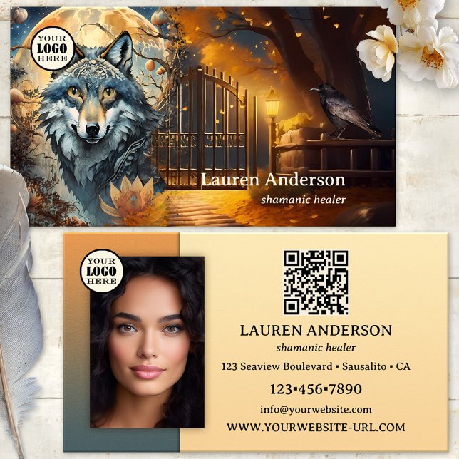 Fullmåne Varg Logo QR-kod Schaman Visitkort (Business card featuring an artistic design with a wolf at full moon with a gate and raven - shaman)